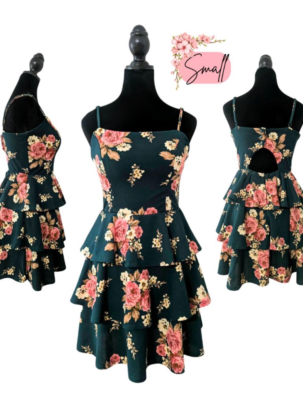 Trixxi Floral Tiered Ruffle Dress Cutout Back Coquette Fairy Goth Mini Dress S